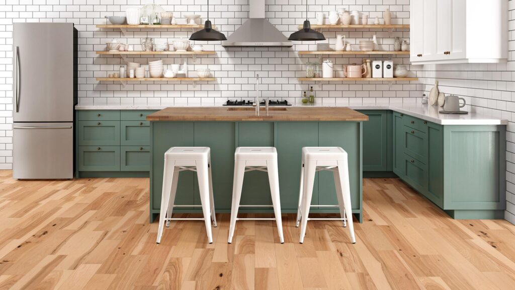 Modern kitchen with green cabinets and island