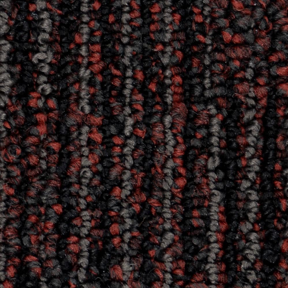 Close-up of black, gray, and red carpet texture