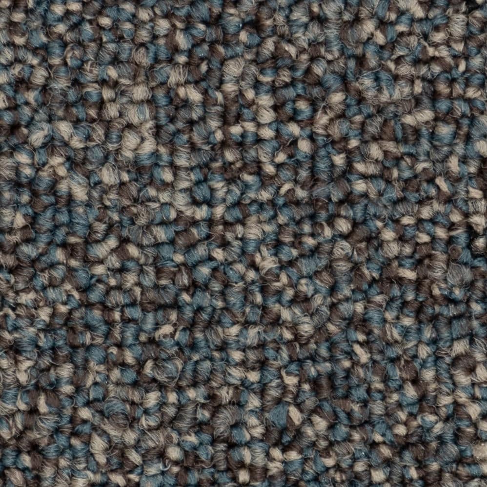 Close-up of textured blue and gray carpet fibers